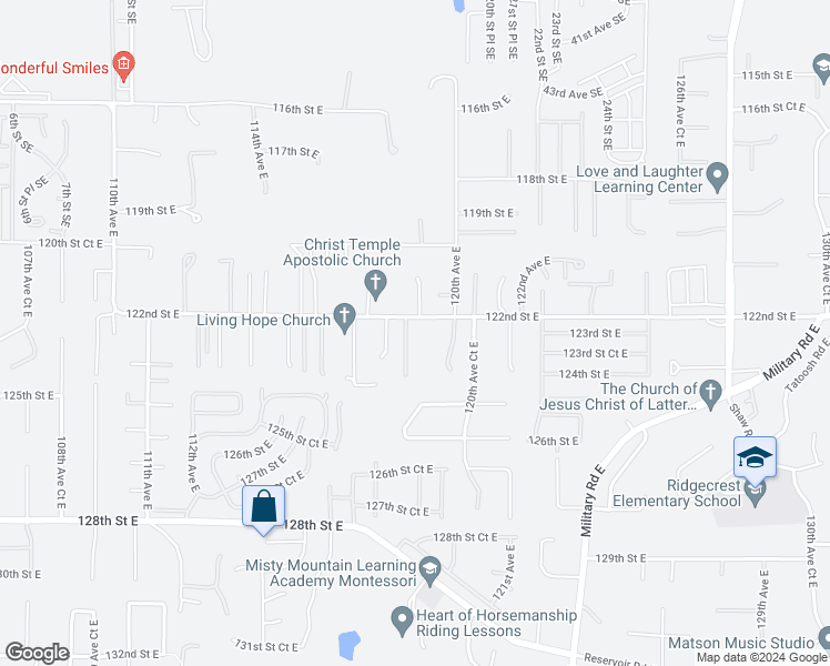map of restaurants, bars, coffee shops, grocery stores, and more near 11818 122nd Street East in Puyallup