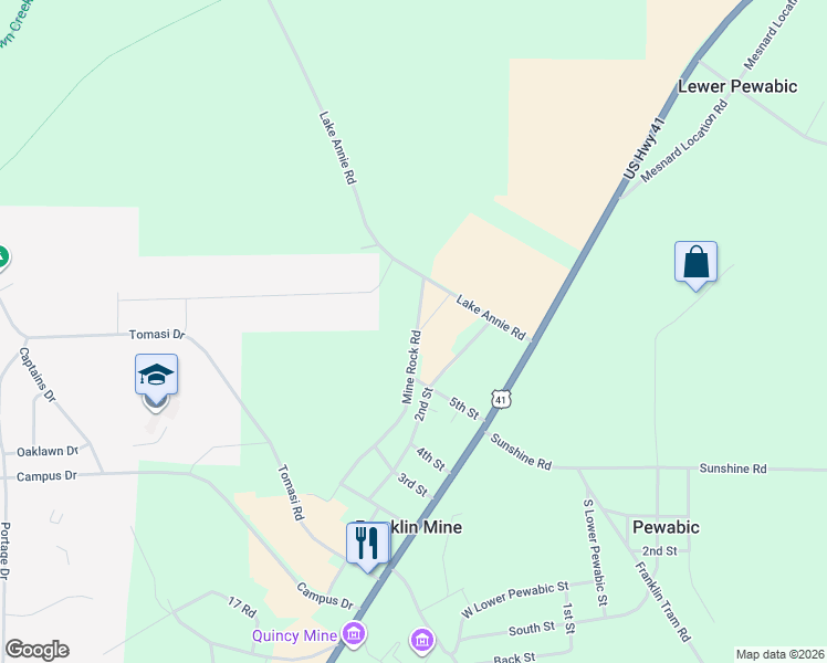 map of restaurants, bars, coffee shops, grocery stores, and more near 50233 Mine Rock Road in Hancock