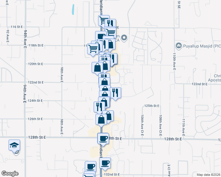 map of restaurants, bars, coffee shops, grocery stores, and more near 10320 122nd Street East in Puyallup