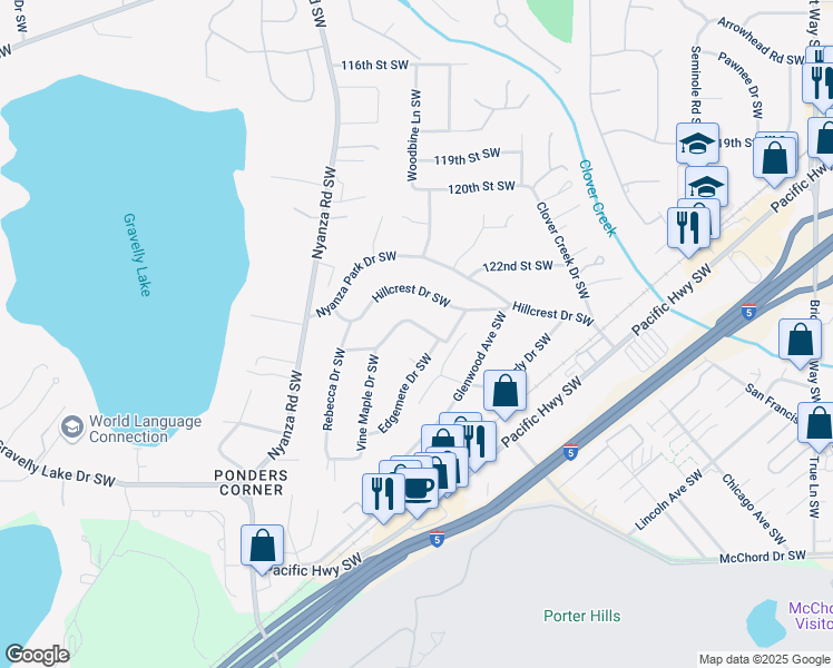 map of restaurants, bars, coffee shops, grocery stores, and more near 6208 Whisper Lane Southwest in Lakewood