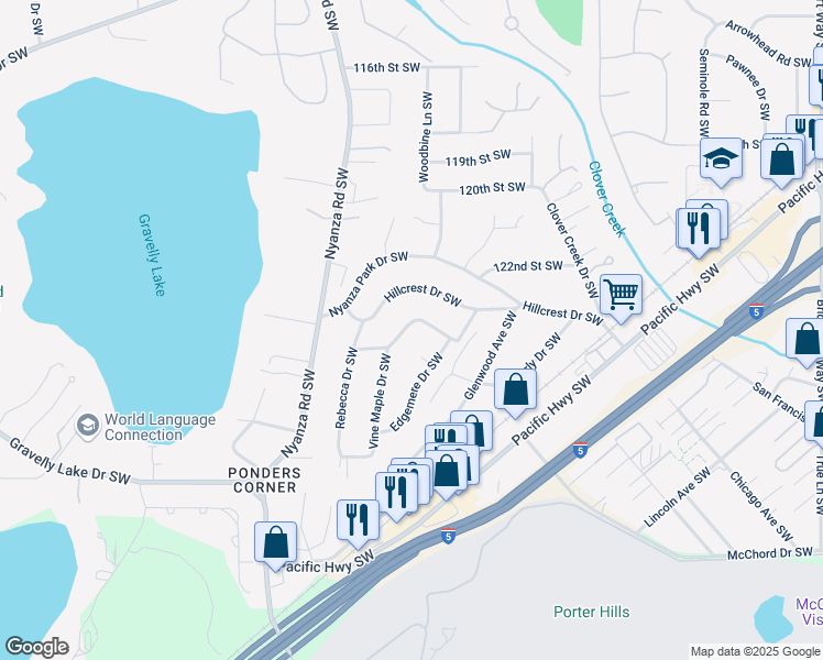 map of restaurants, bars, coffee shops, grocery stores, and more near 6208 Whisper Lane Southwest in Lakewood