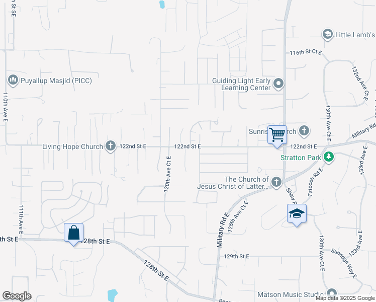 map of restaurants, bars, coffee shops, grocery stores, and more near 12124 122nd Street East in Puyallup