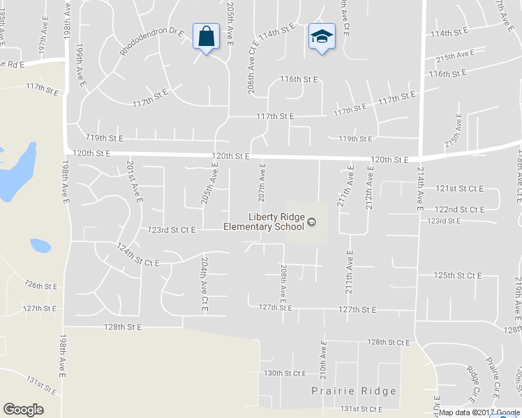 map of restaurants, bars, coffee shops, grocery stores, and more near 207th Avenue East in Prairie Ridge