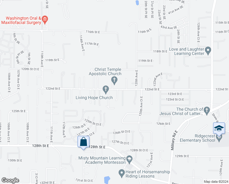 map of restaurants, bars, coffee shops, grocery stores, and more near 12204 118th Avenue East in Puyallup