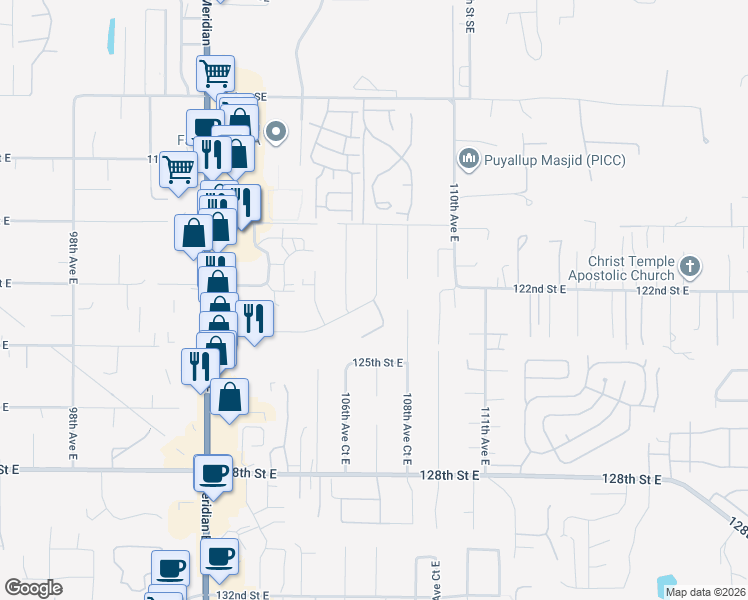 map of restaurants, bars, coffee shops, grocery stores, and more near 12325 107th Avenue Court East in South Hill