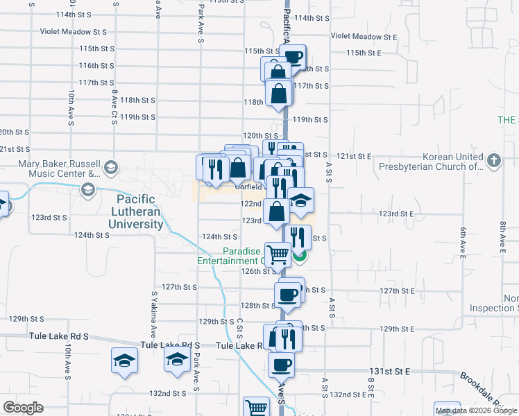 map of restaurants, bars, coffee shops, grocery stores, and more near 306 122nd Street South in Tacoma