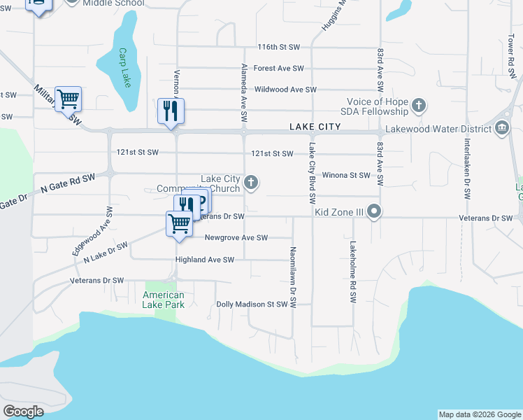map of restaurants, bars, coffee shops, grocery stores, and more near 8811 Veterans Drive Southwest in Tacoma