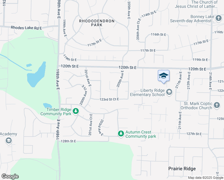map of restaurants, bars, coffee shops, grocery stores, and more near 20403 122nd Street Court East in Bonney Lake