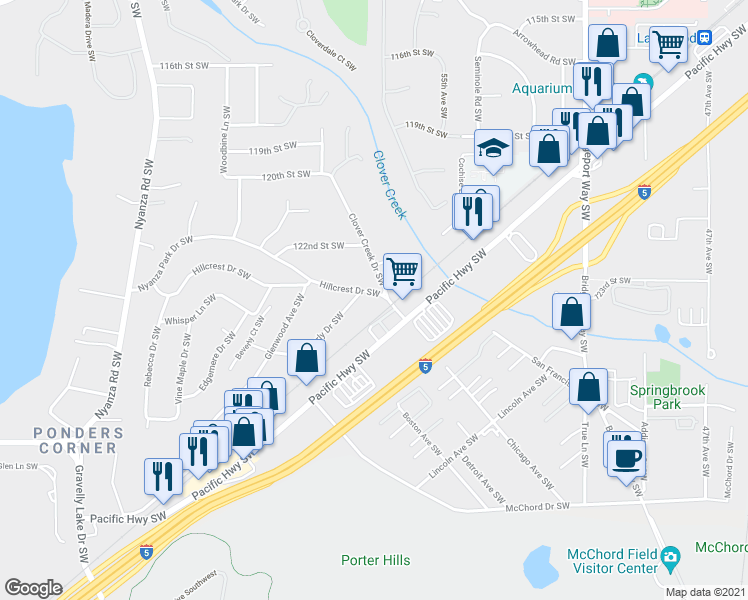 map of restaurants, bars, coffee shops, grocery stores, and more near 5724 Hillcrest Drive Southwest in Tacoma