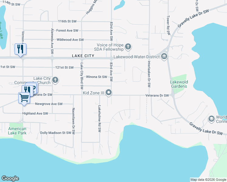 map of restaurants, bars, coffee shops, grocery stores, and more near 8147 Veterans Drive Southwest in Tacoma