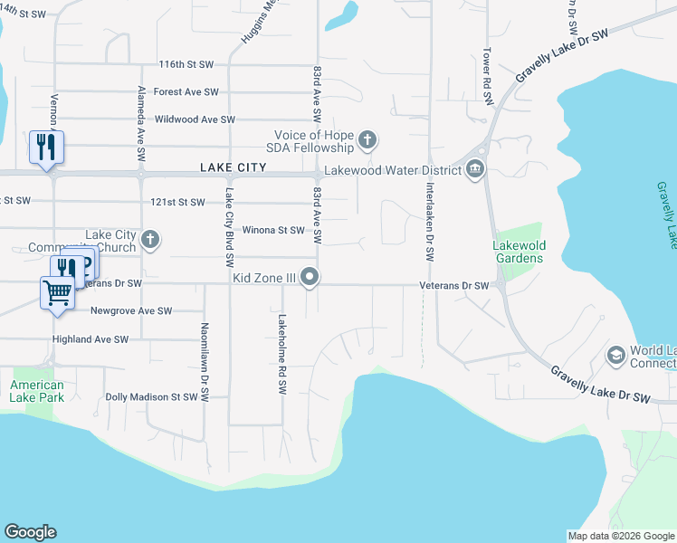 map of restaurants, bars, coffee shops, grocery stores, and more near 8118 Veterans Drive Southwest in Lakewood