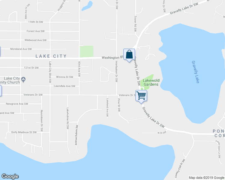 map of restaurants, bars, coffee shops, grocery stores, and more near 12310 Interlaaken Dr SW in Lakewood