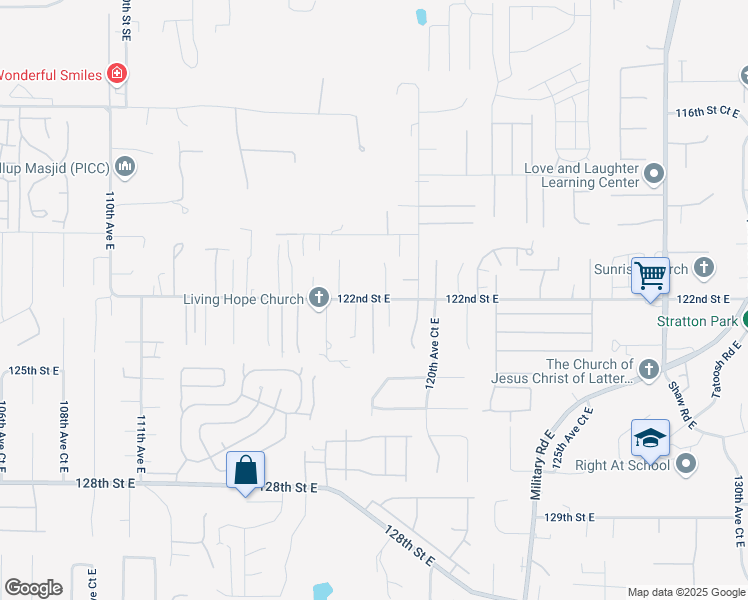 map of restaurants, bars, coffee shops, grocery stores, and more near 122nd St E & 118th Ave Ct E in South Hill
