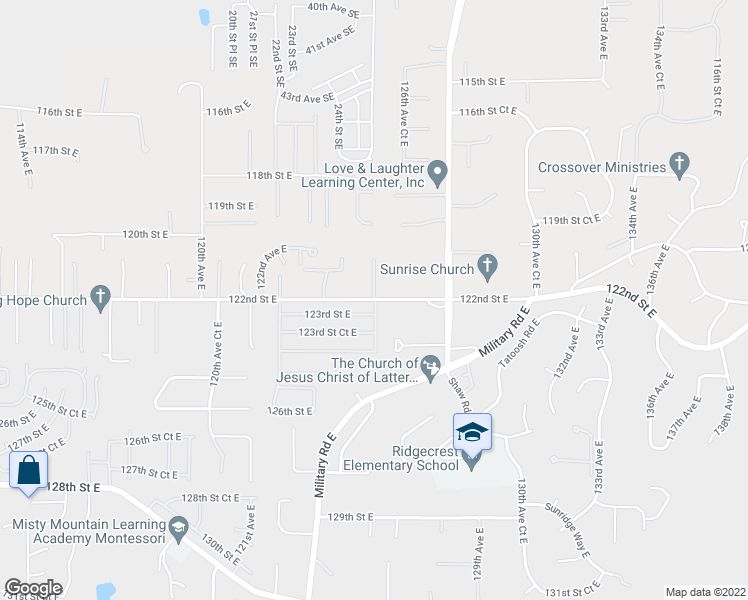 map of restaurants, bars, coffee shops, grocery stores, and more near 122nd St E & 125th Ave Ct E in Puyallup