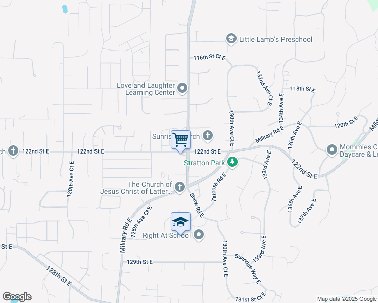 map of restaurants, bars, coffee shops, grocery stores, and more near Shaw Rd E & 122nd St E in Puyallup