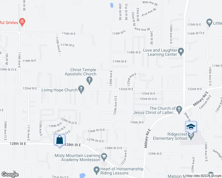 map of restaurants, bars, coffee shops, grocery stores, and more near 12001 122nd Street East in South Hill