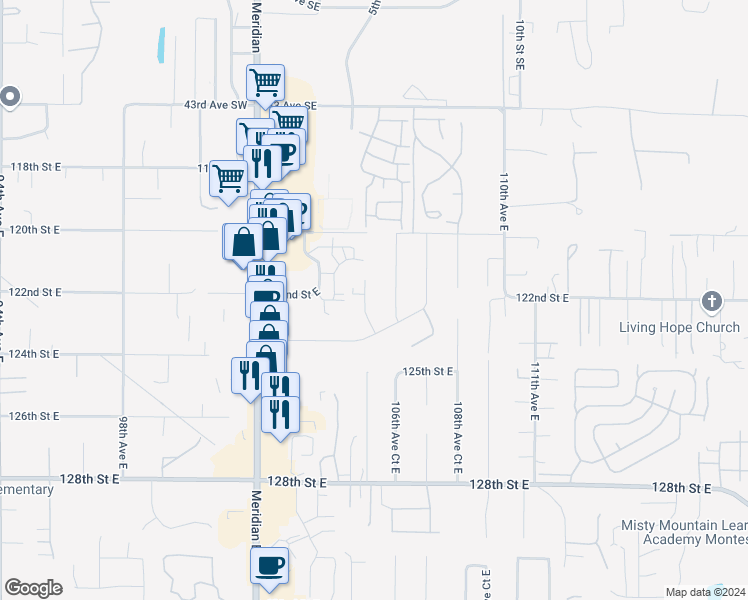 map of restaurants, bars, coffee shops, grocery stores, and more near 12205 105th Avenue Court East in Puyallup