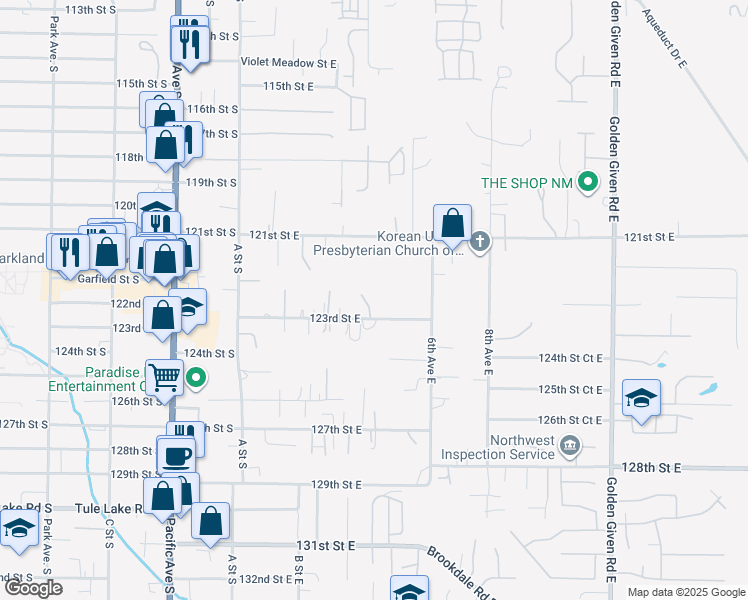 map of restaurants, bars, coffee shops, grocery stores, and more near 420 123rd Street East in Tacoma