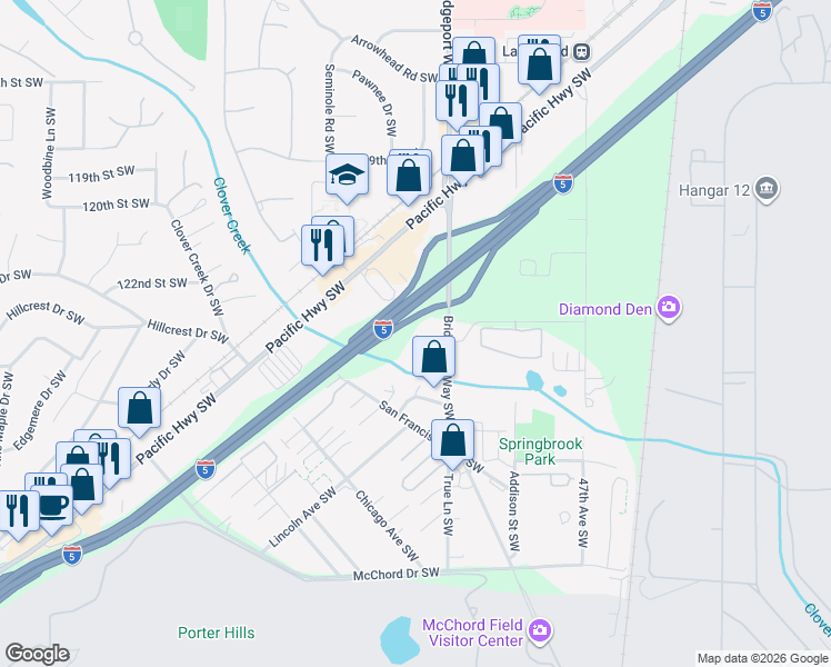 map of restaurants, bars, coffee shops, grocery stores, and more near Seattle Avenue Southwest in Lakewood