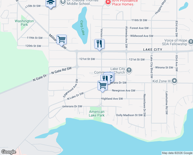 map of restaurants, bars, coffee shops, grocery stores, and more near 9222 Kenwood Drive Southwest in Lakewood