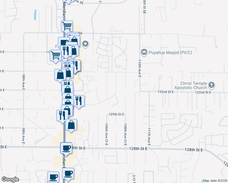 map of restaurants, bars, coffee shops, grocery stores, and more near 10716 123rd Street Court East in Puyallup