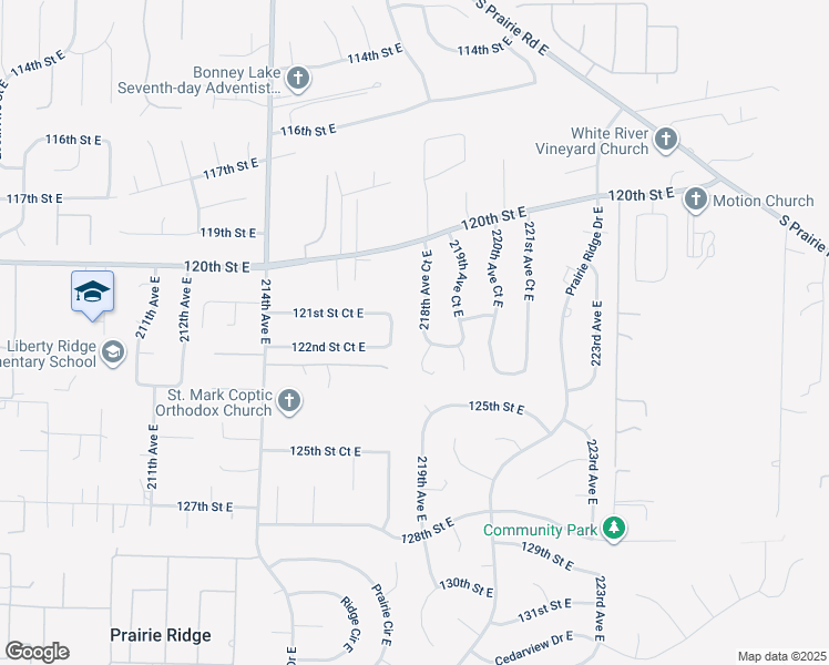 map of restaurants, bars, coffee shops, grocery stores, and more near 12120 218th Avenue Court East in Sumner
