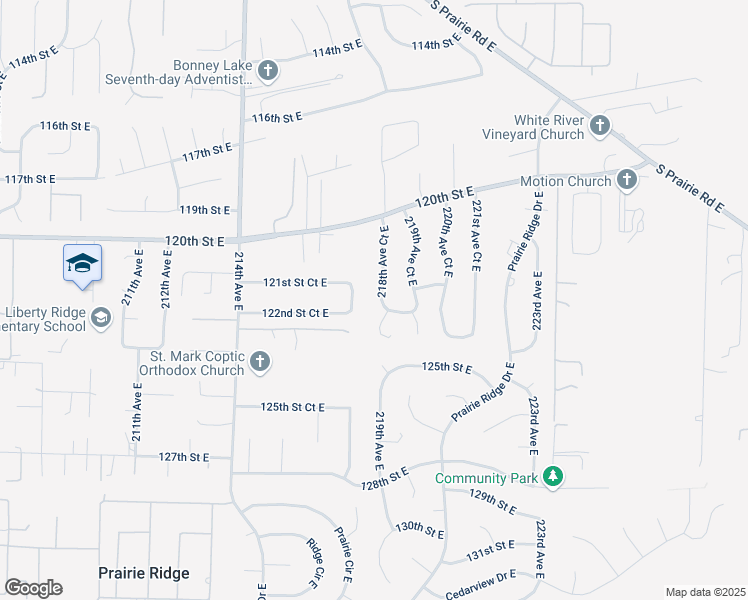 map of restaurants, bars, coffee shops, grocery stores, and more near 12120 218th Avenue Court East in Sumner