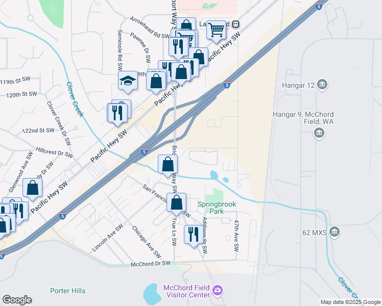 map of restaurants, bars, coffee shops, grocery stores, and more near 12315 Bridgeport Way Southwest in Lakewood