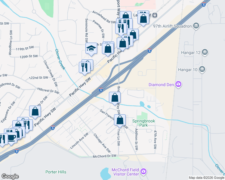 map of restaurants, bars, coffee shops, grocery stores, and more near 5123 Seattle Avenue Southwest in Lakewood
