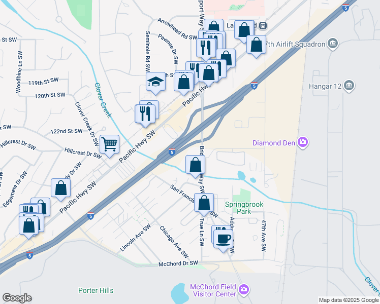 map of restaurants, bars, coffee shops, grocery stores, and more near 12414 Bridgeport Way Southwest in Lakewood