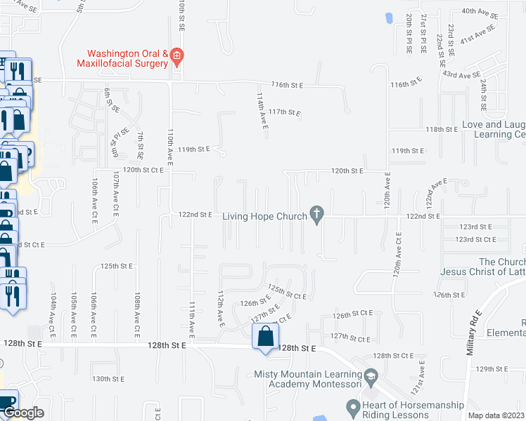 map of restaurants, bars, coffee shops, grocery stores, and more near 12120 114th Avenue Court East in Puyallup