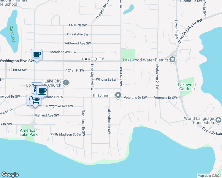 map of restaurants, bars, coffee shops, grocery stores, and more near 8323 Lawndale Avenue Southwest in Lakewood