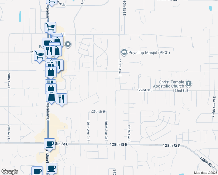 map of restaurants, bars, coffee shops, grocery stores, and more near 12008 108th Avenue Court East in South Hill