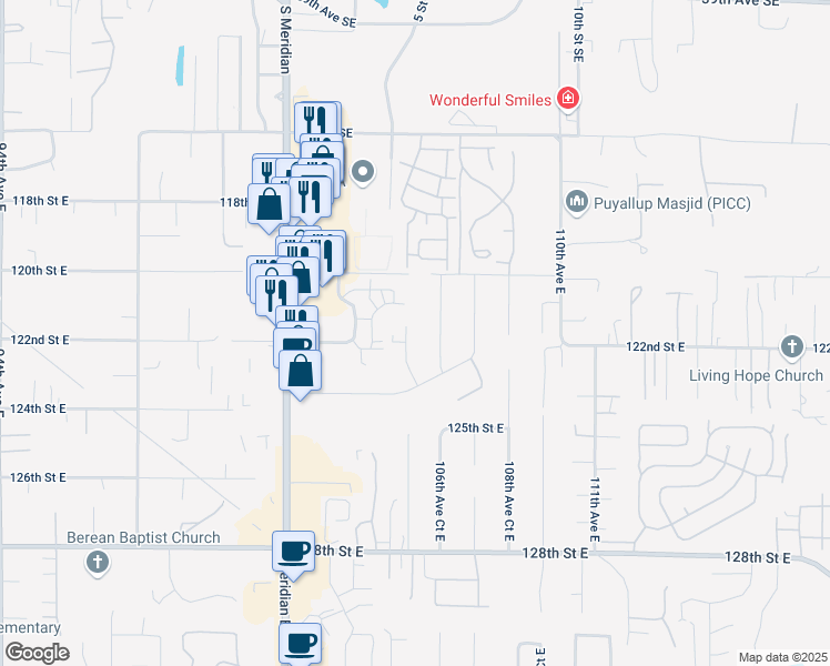 map of restaurants, bars, coffee shops, grocery stores, and more near 12024 106th Avenue Court East in Puyallup