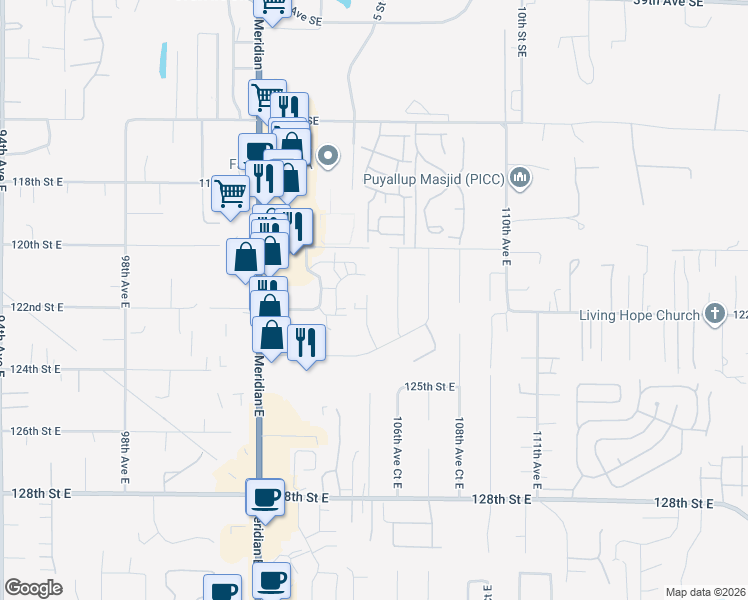 map of restaurants, bars, coffee shops, grocery stores, and more near 12024 106th Avenue Court East in Puyallup