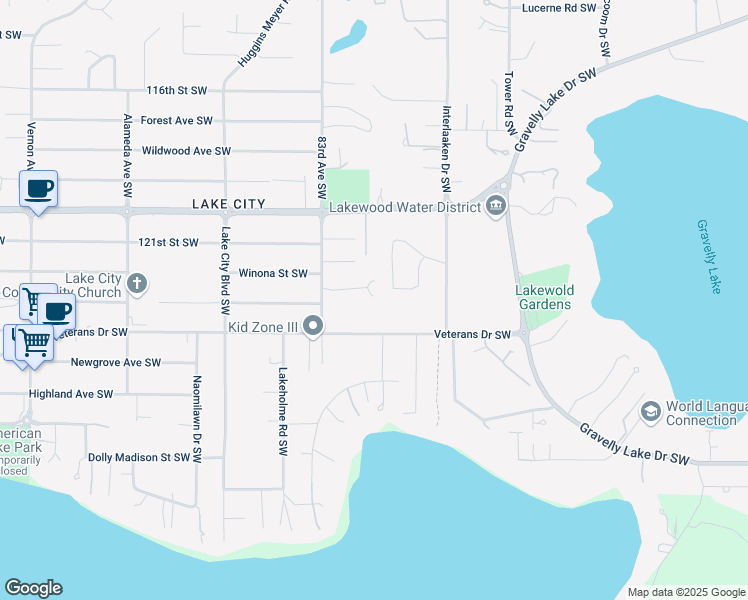map of restaurants, bars, coffee shops, grocery stores, and more near 8102 Sherwood Forest Street Southwest in Lakewood