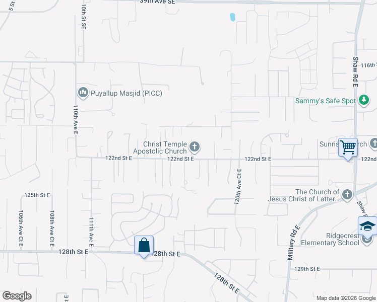 map of restaurants, bars, coffee shops, grocery stores, and more near 12116 117th Avenue Court East in Puyallup