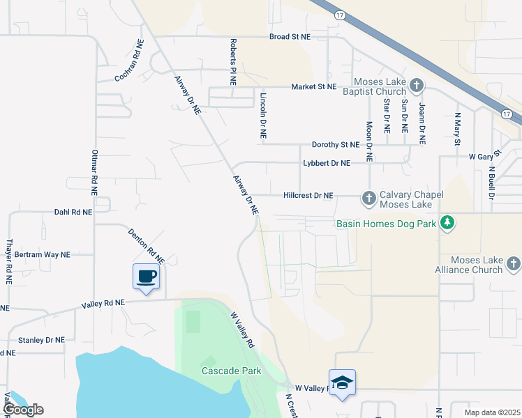 map of restaurants, bars, coffee shops, grocery stores, and more near 8507 Hillcrest Drive Northeast in Moses Lake