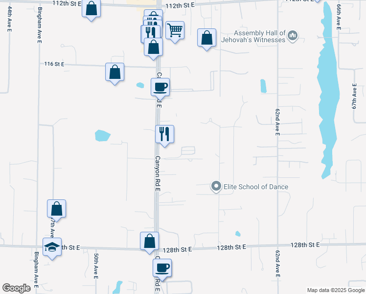 map of restaurants, bars, coffee shops, grocery stores, and more near 12104 55th Avct East in Puyallup