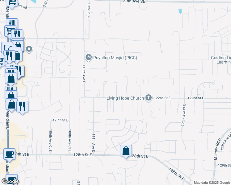 map of restaurants, bars, coffee shops, grocery stores, and more near 12010 113th Avenue Court East in Puyallup