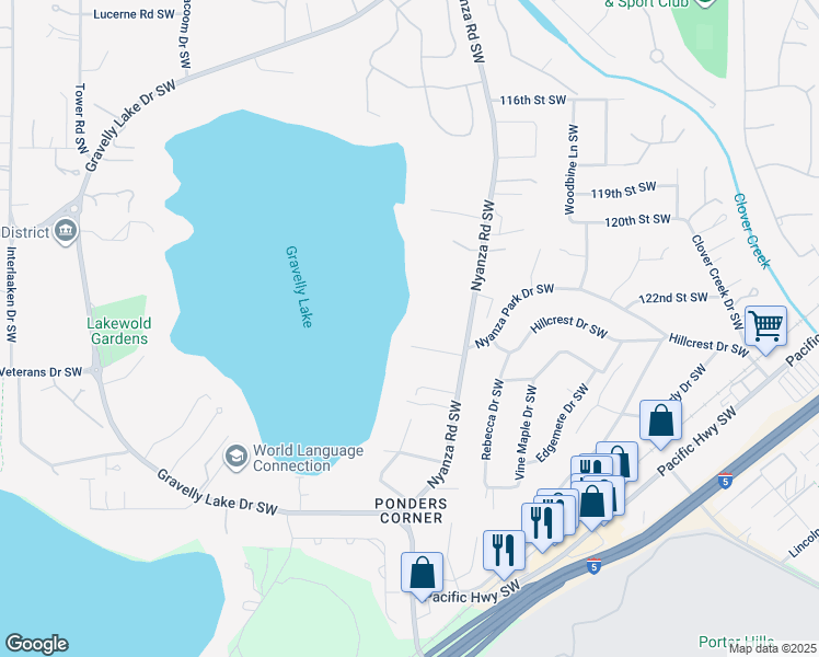 map of restaurants, bars, coffee shops, grocery stores, and more near 12208 Nyanza Road Southwest in Tacoma
