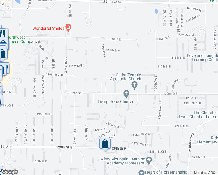 map of restaurants, bars, coffee shops, grocery stores, and more near 12024 115th Avenue Court East in Puyallup