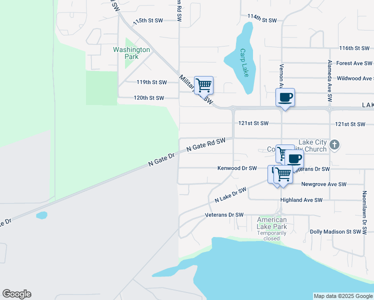 map of restaurants, bars, coffee shops, grocery stores, and more near 9832 Winona Street Southwest in Lakewood