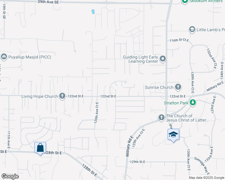 map of restaurants, bars, coffee shops, grocery stores, and more near 12135 122nd Avenue East in Puyallup