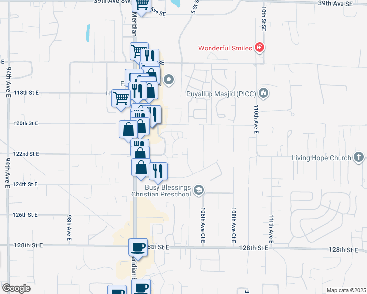 map of restaurants, bars, coffee shops, grocery stores, and more near 12112 105th Avenue Court East in Puyallup