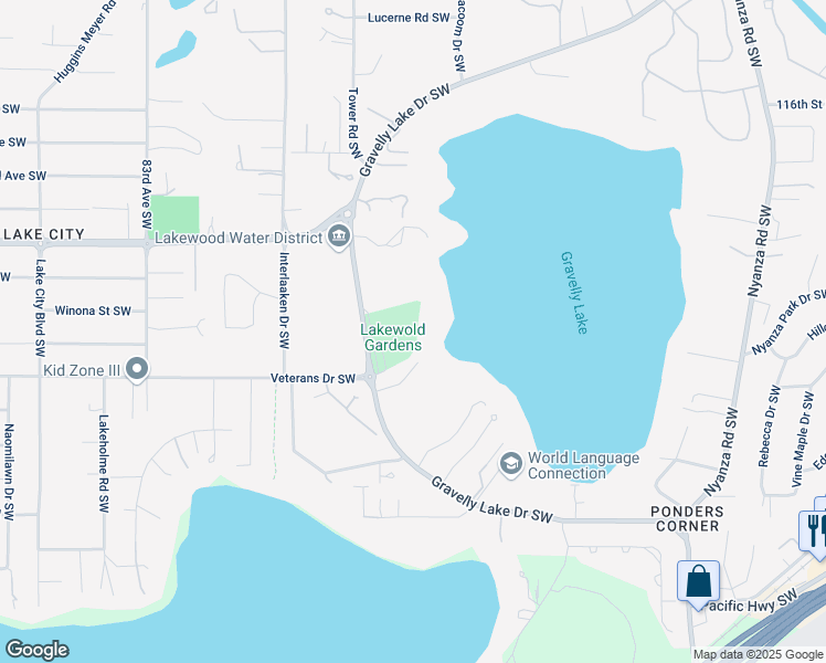 map of restaurants, bars, coffee shops, grocery stores, and more near 12317 Gravelly Lake Drive Southwest in Lakewood