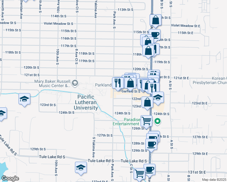 map of restaurants, bars, coffee shops, grocery stores, and more near 12180 Park Avenue South in Tacoma