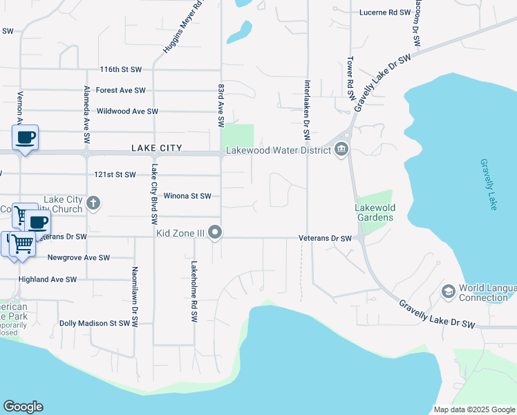 map of restaurants, bars, coffee shops, grocery stores, and more near 8113 Sherwood Forest Street Southwest in Lakewood