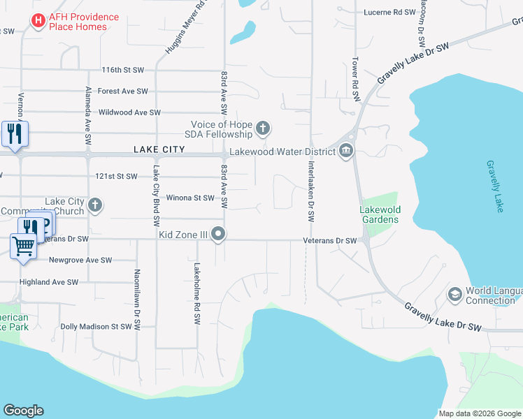 map of restaurants, bars, coffee shops, grocery stores, and more near 8113 Sherwood Forest Street Southwest in Lakewood
