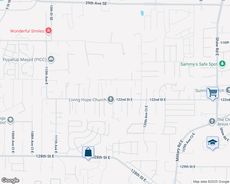 map of restaurants, bars, coffee shops, grocery stores, and more near 12108 117th Avenue Court East in Puyallup